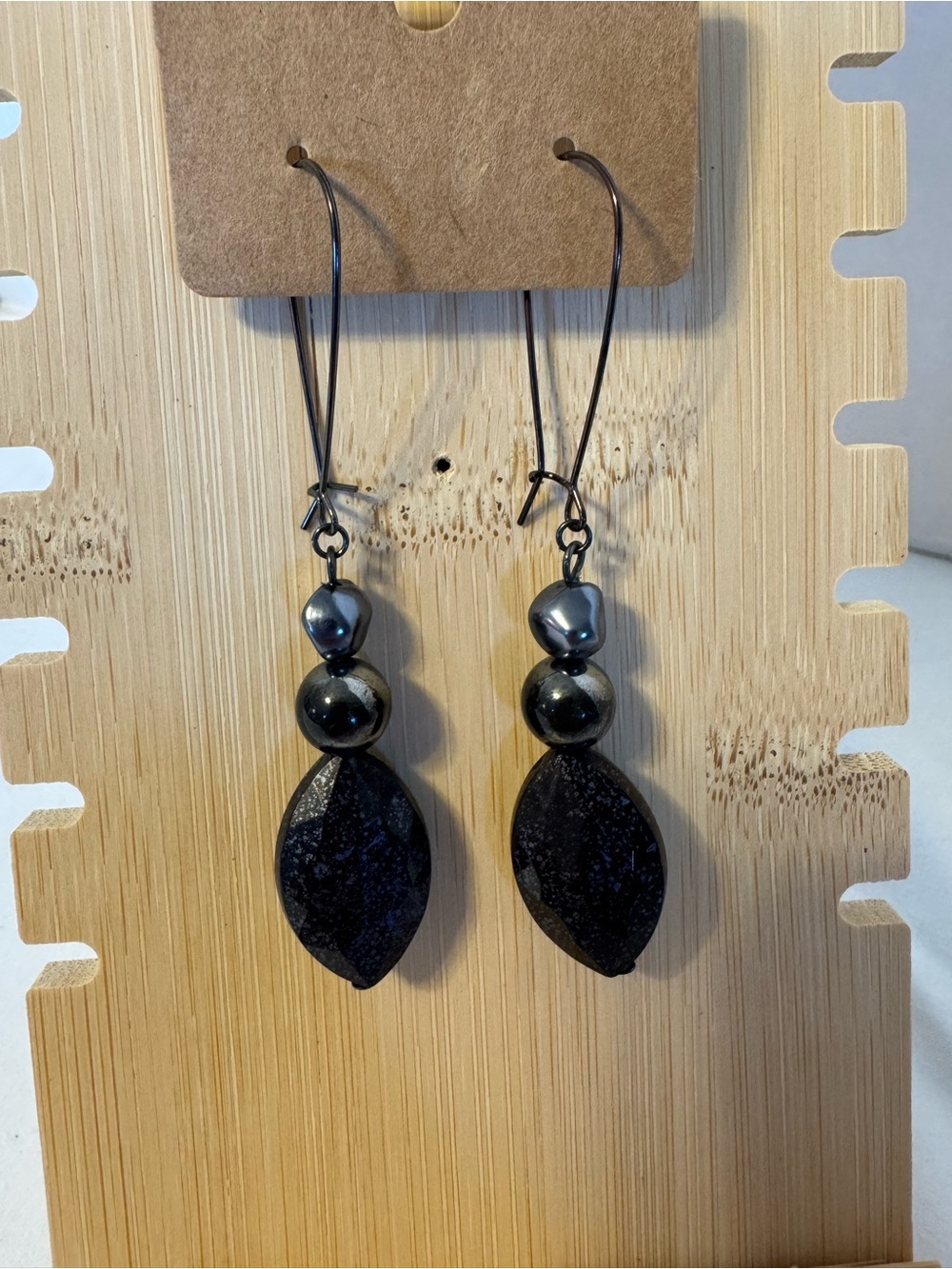 Black Dangle Bead Earrings with Faceted Teardrop Accent